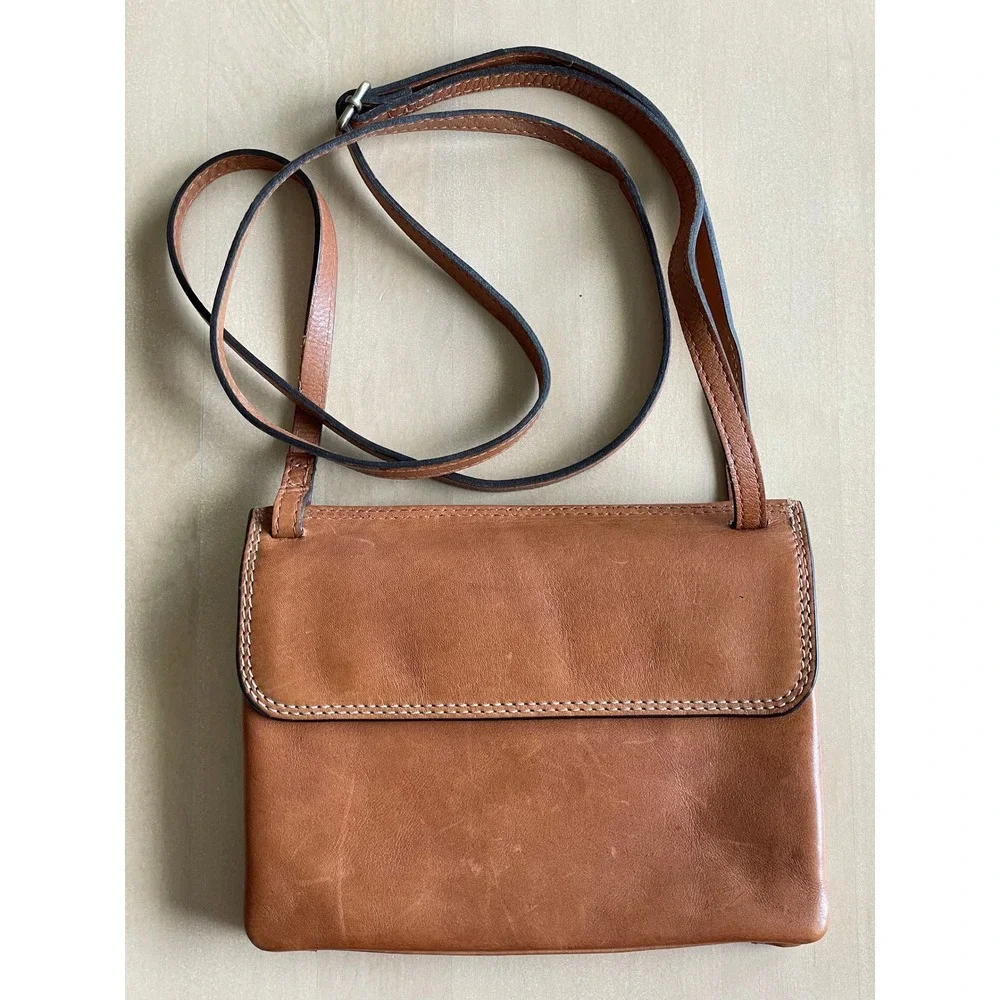 Vintage VTG Tan Brown Leather Crossbody Bag Accordion Organizer Purse Adjustable
